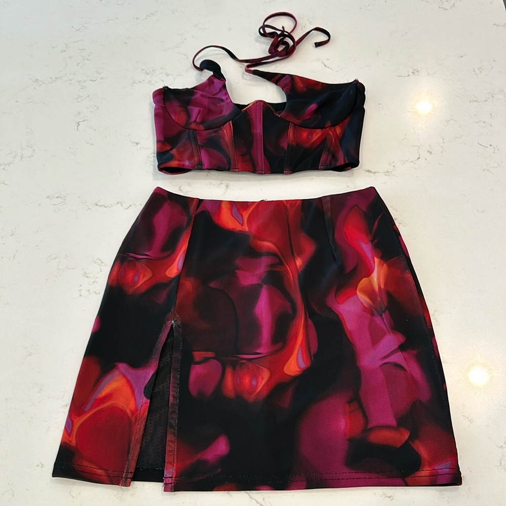 White Fox Pink Flame Print Set - Bustier and Mini Skirt XS